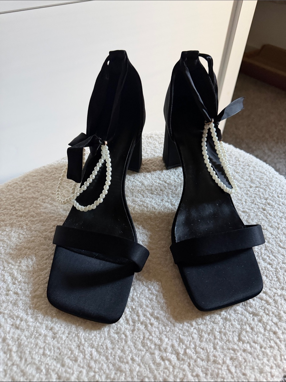 Black Pearl-Embellished Ankle Tie Block Heels